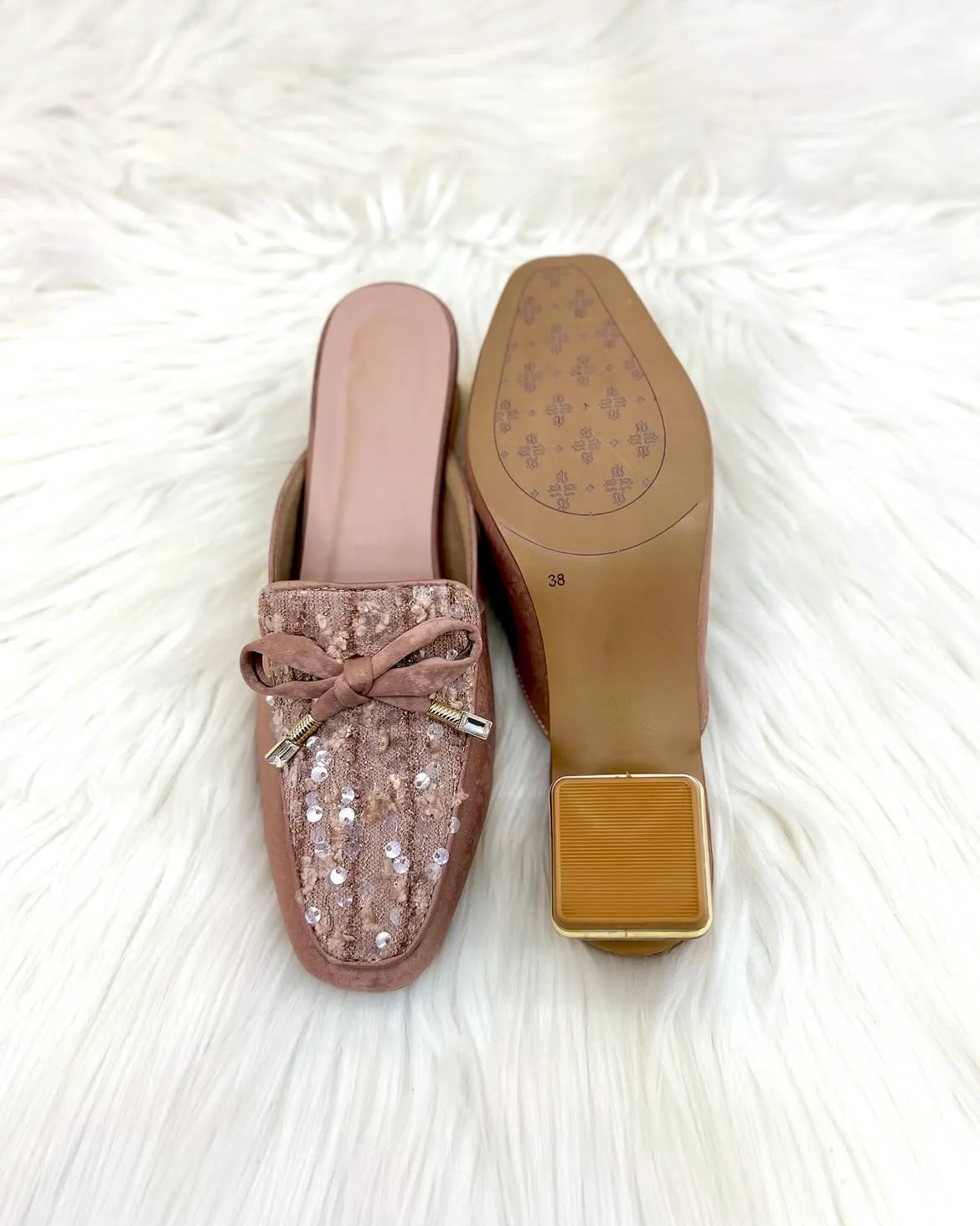 Pink Sequin Studded Block Heel