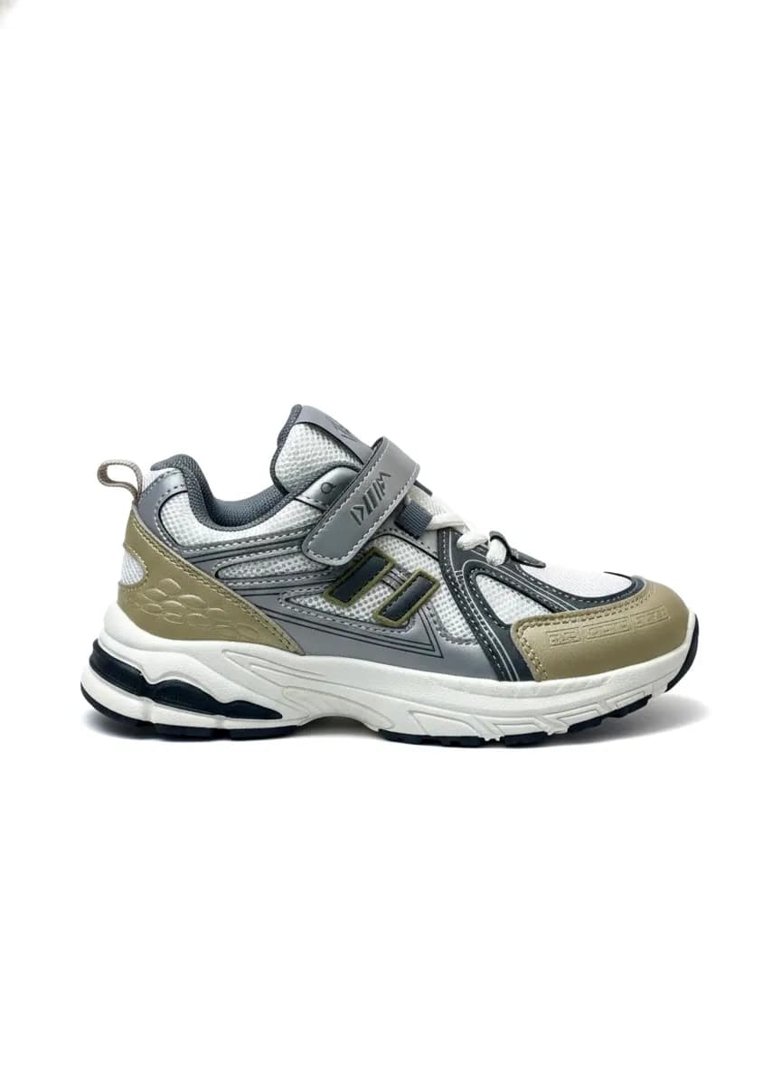 Boys Running Sports Sneakers with Hook & Loop Strap – Grey Beige