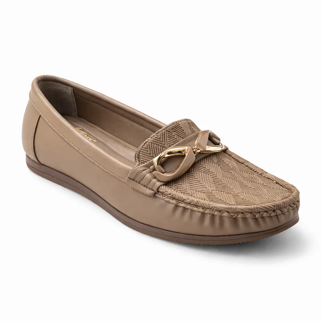 Women Comfortable Walking Loafers with Metal Buckle – Beige