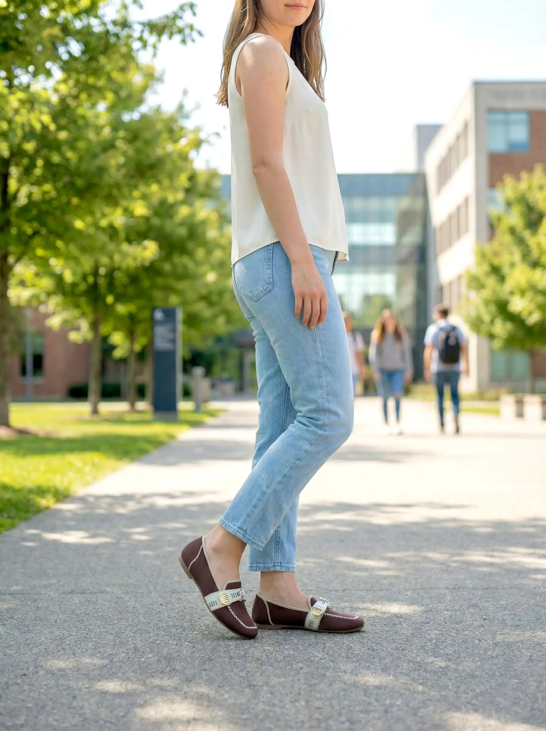 Women’s Coffee Brown Knit Loafers with Elegant Metal Detail