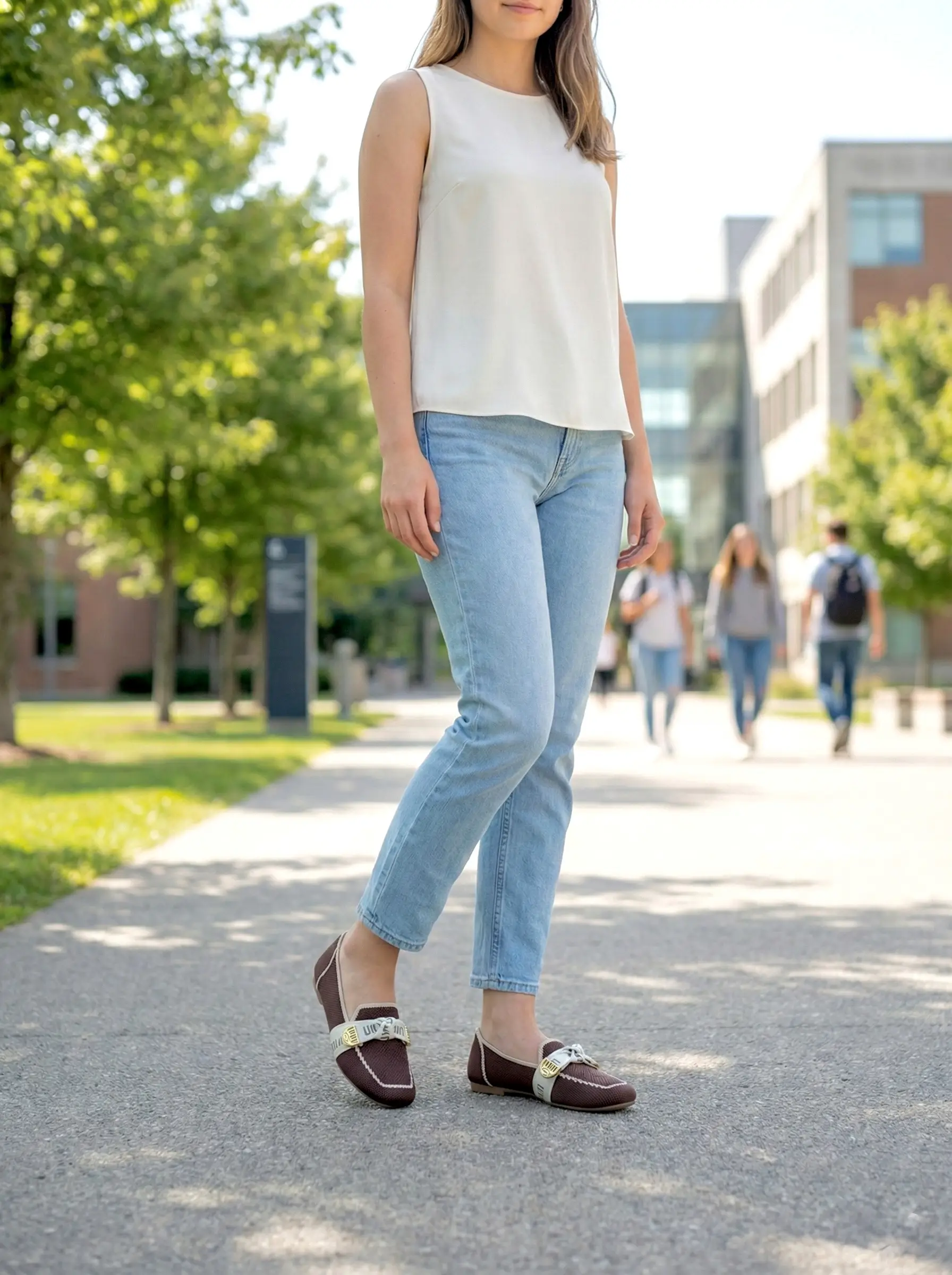 Women’s Coffee Brown Knit Loafers with Elegant Metal Detail