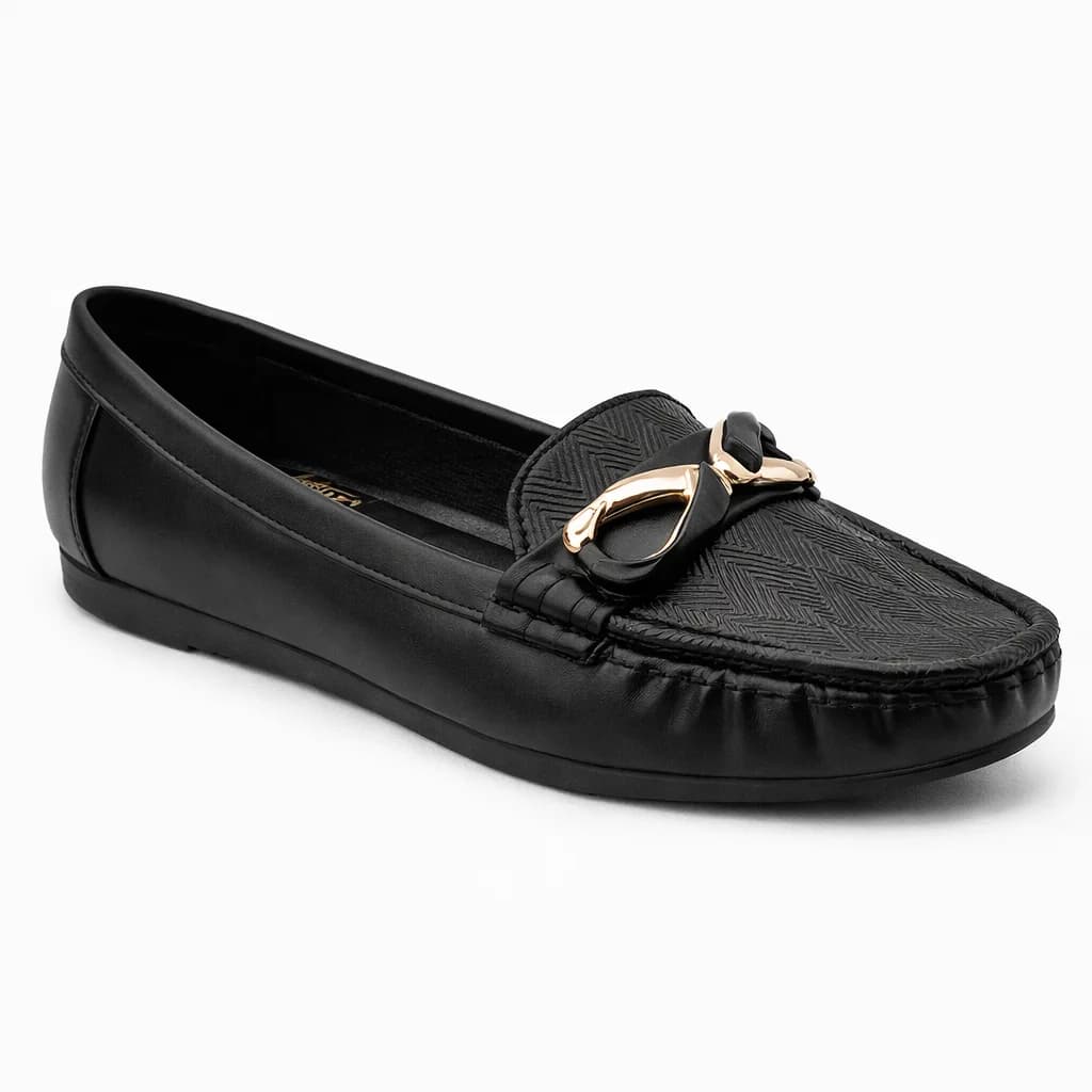 Women Comfortable Walking Loafers with Metal Buckle – Black