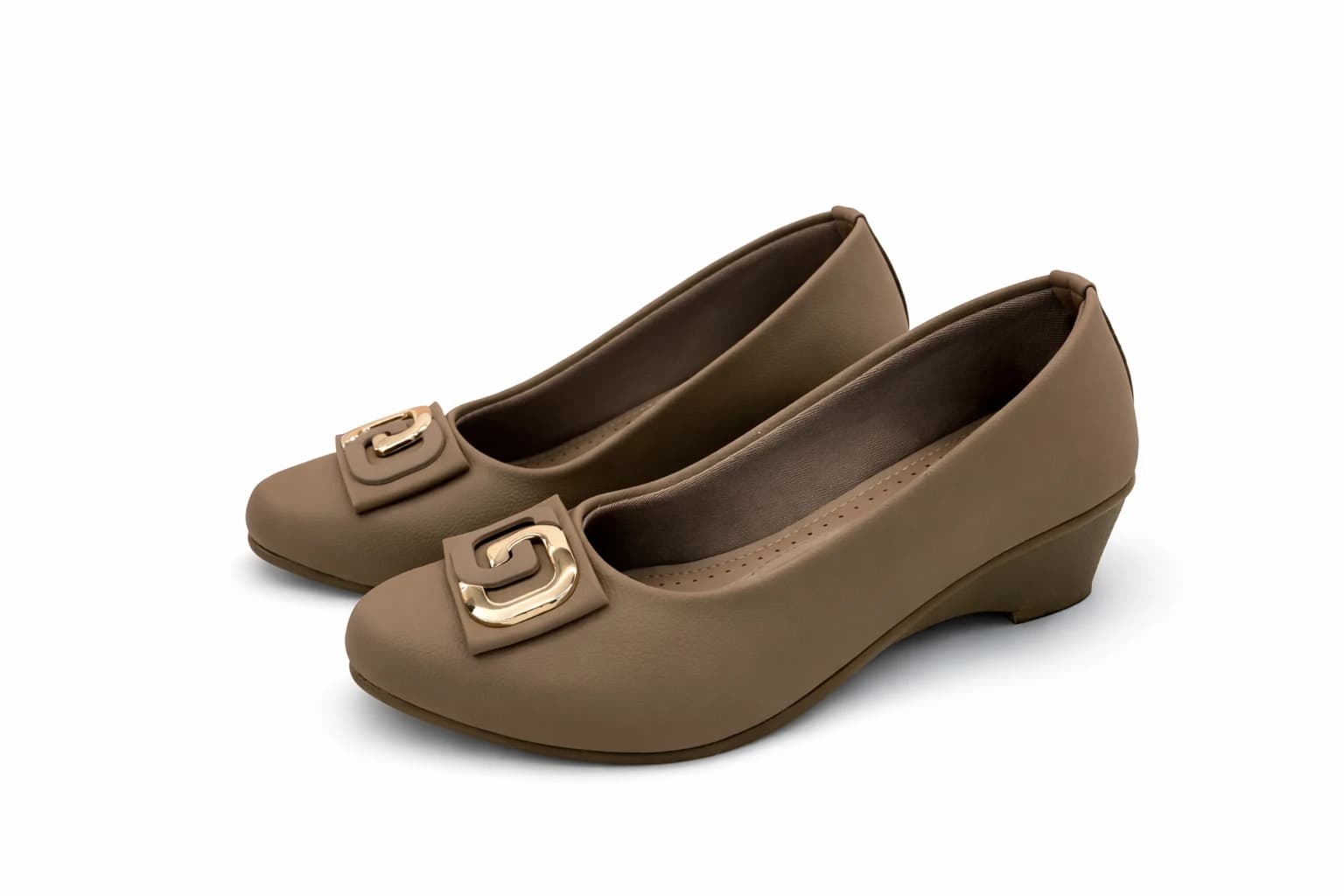 Premium Women Brown Formal Low Heel Shoes with Gold Buckle – Comfortable Office Wear