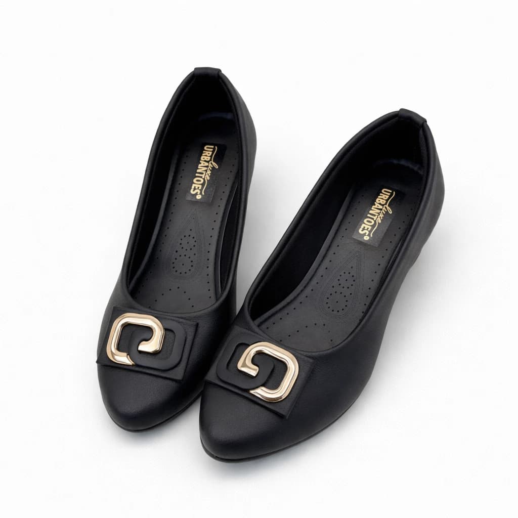 Premium Black Formal Low Heel Shoes for Women with Gold Buckle – Comfortable Office Wear