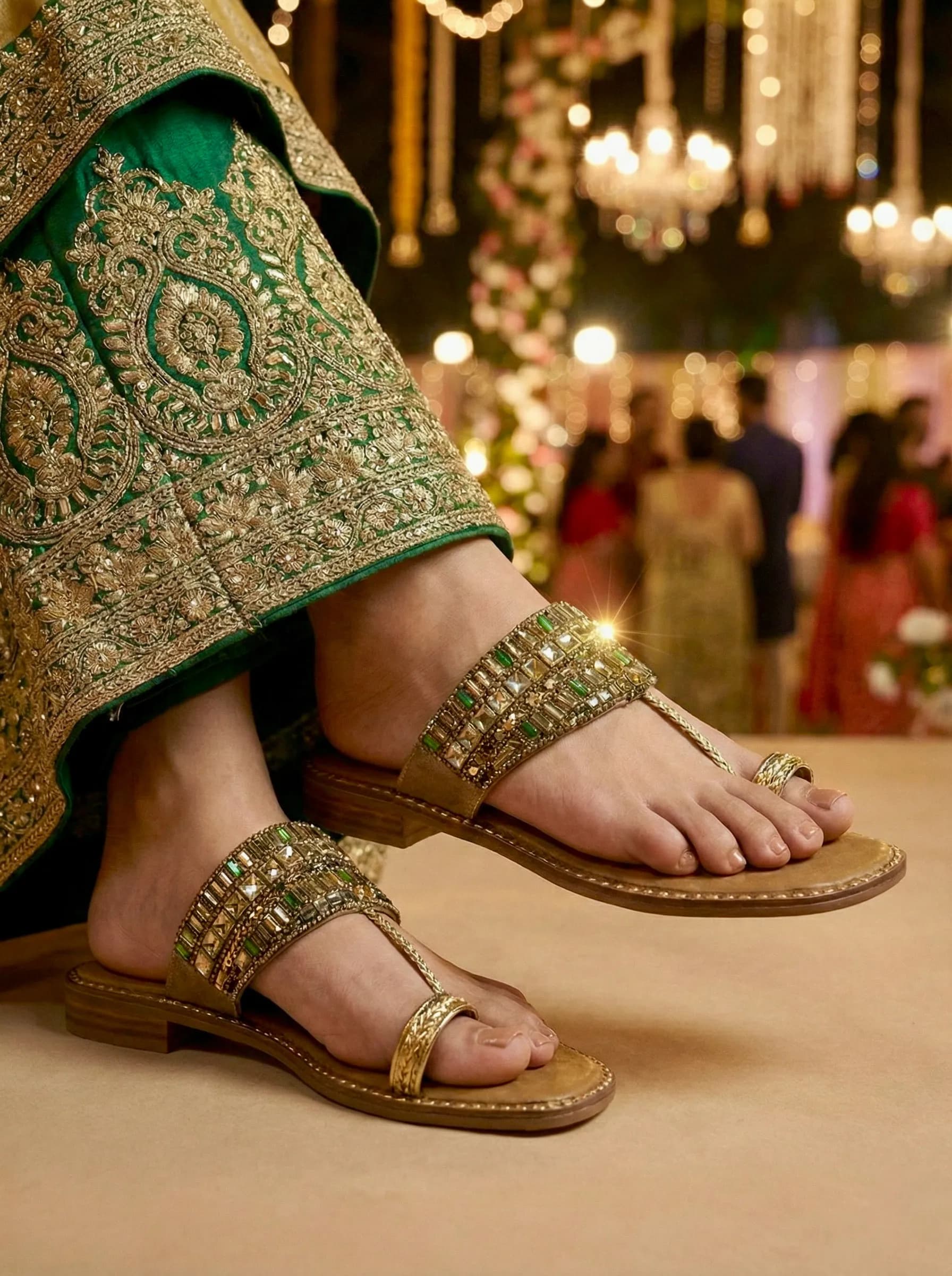 Women Green Crystal Stone Work Ethnic Flats