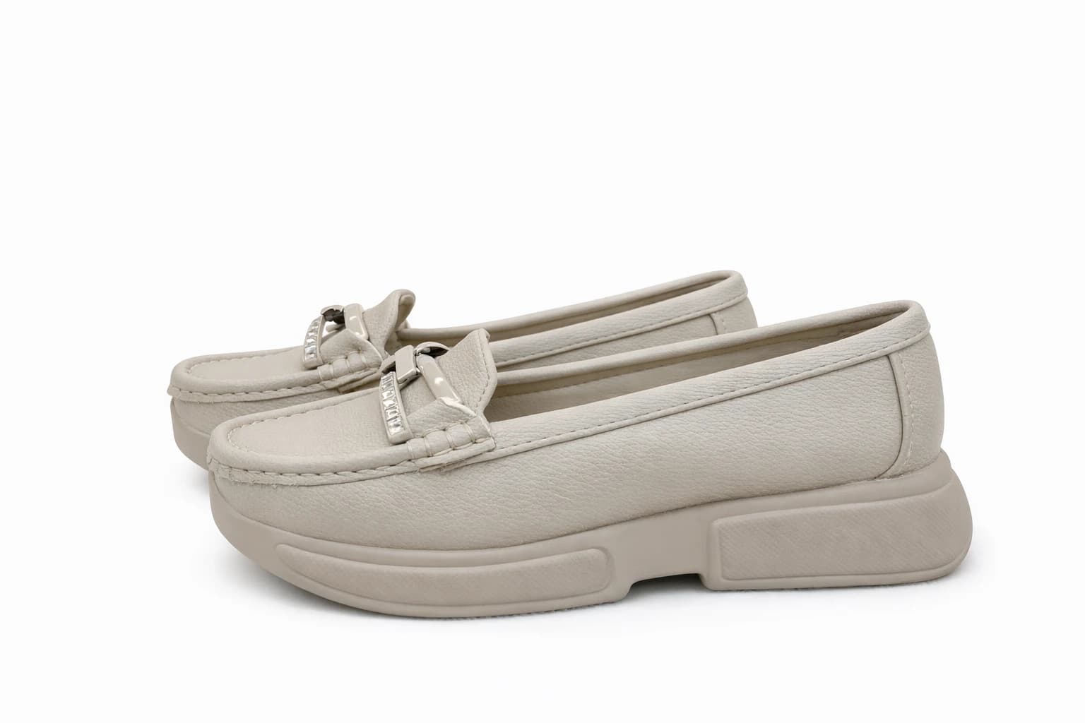 Cream Luxe Platform Comfort Loafers for Women with Crystal Hardware – Modern Elegance Redefined