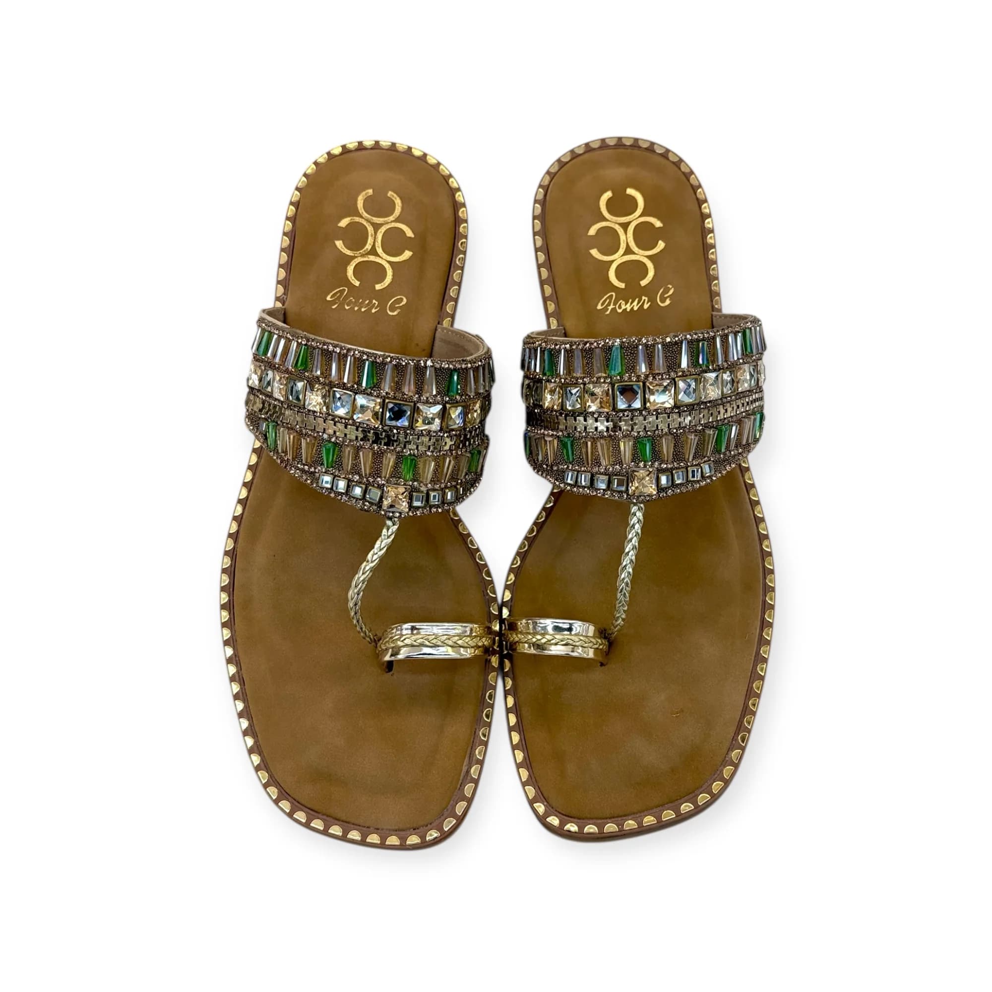 Women Green Crystal Stone Work Ethnic Flats
