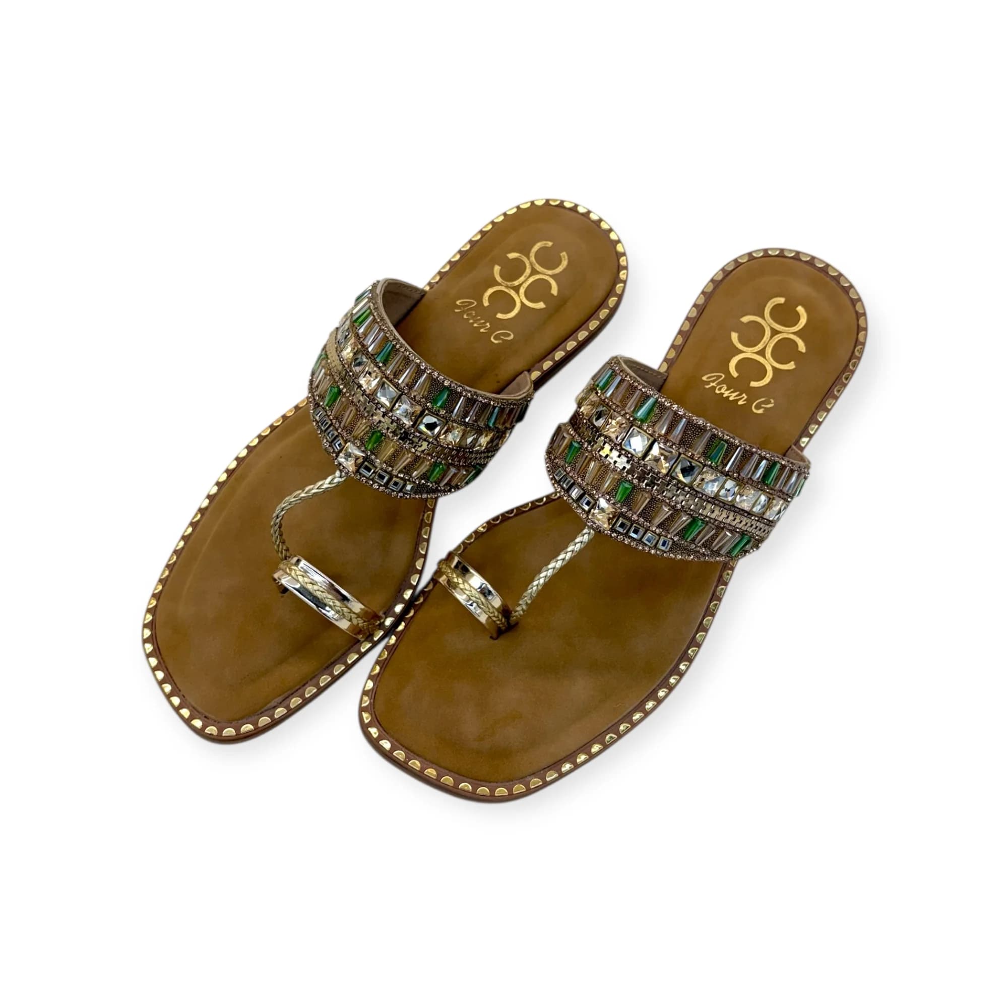 Women Green Crystal Stone Work Ethnic Flats