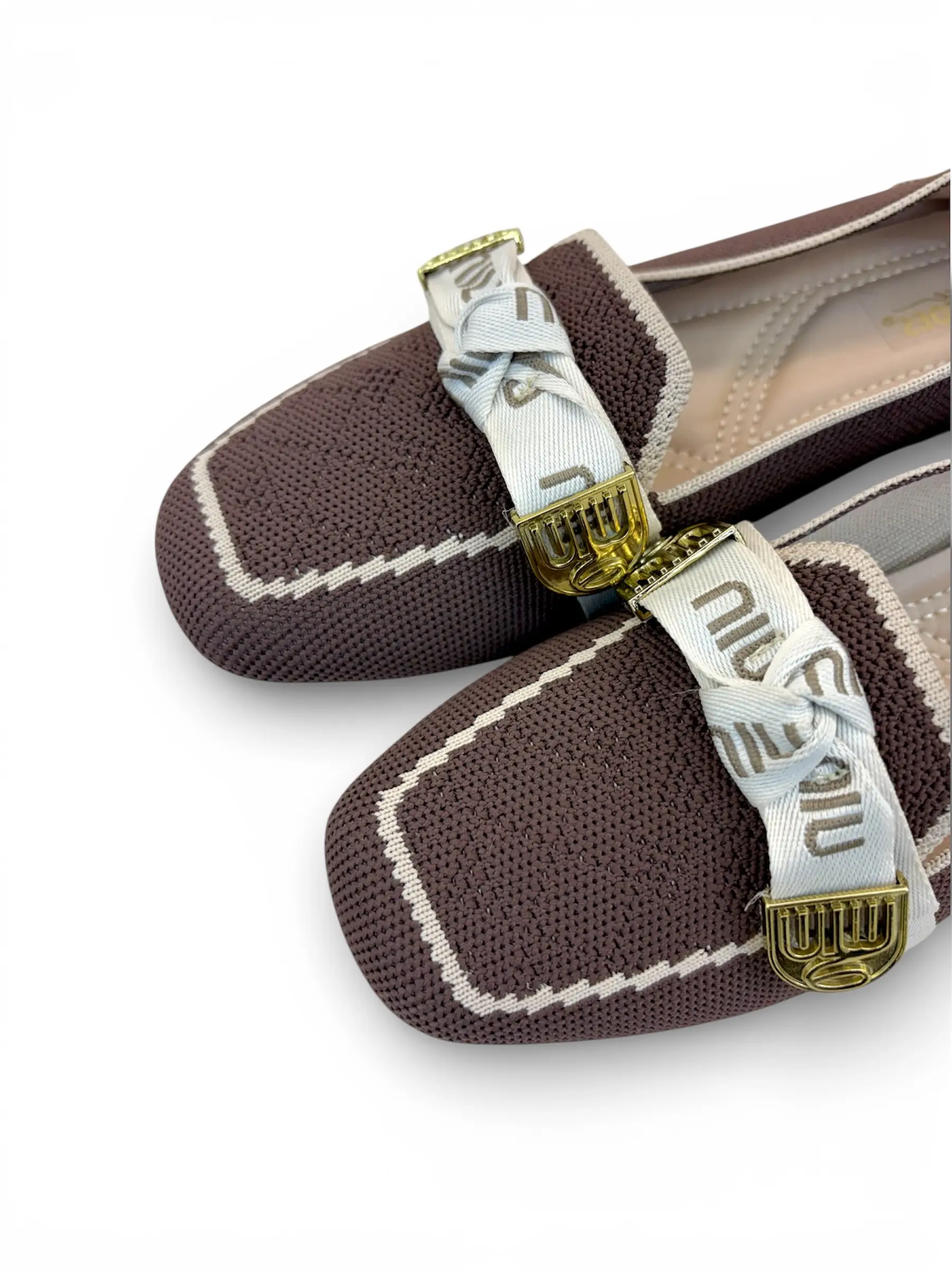 Women’s Coffee Brown Knit Loafers with Elegant Metal Detail