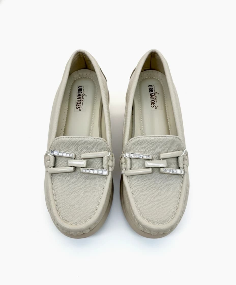 Cream Luxe Platform Comfort Loafers for Women with Crystal Hardware – Modern Elegance Redefined