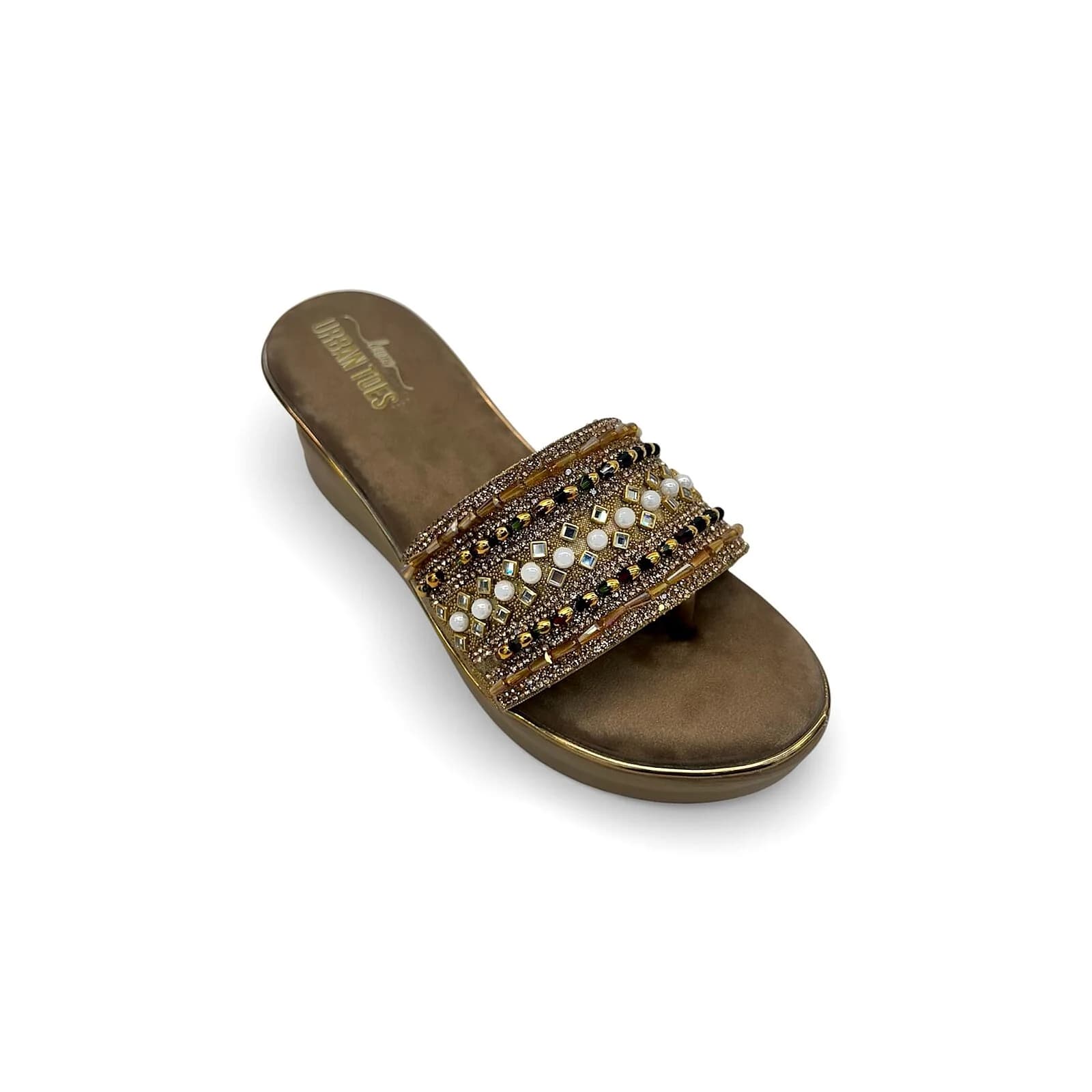 Women’s Brown Stonework Wedge Slide Sandals for Festive & Party Wear