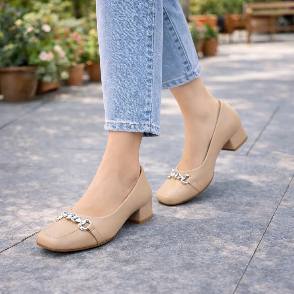 UrbanToes Women’s Cream Block Heel Pumps with Stone Detail