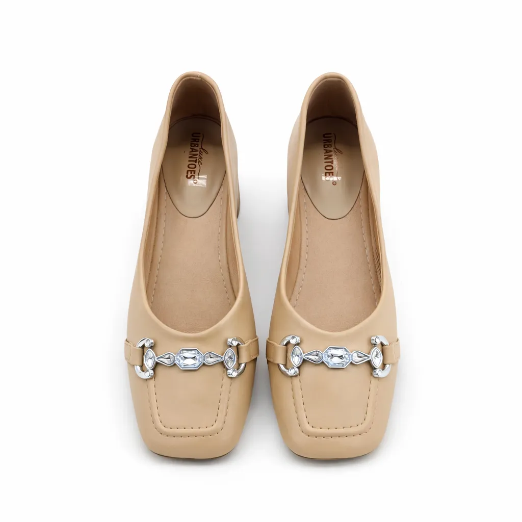 UrbanToes Women’s Cream Block Heel Pumps with Stone Detail