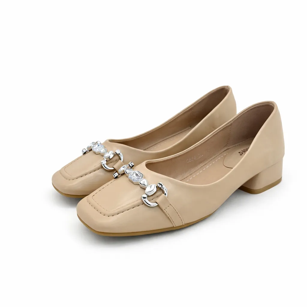 UrbanToes Women’s Cream Block Heel Pumps with Stone Detail
