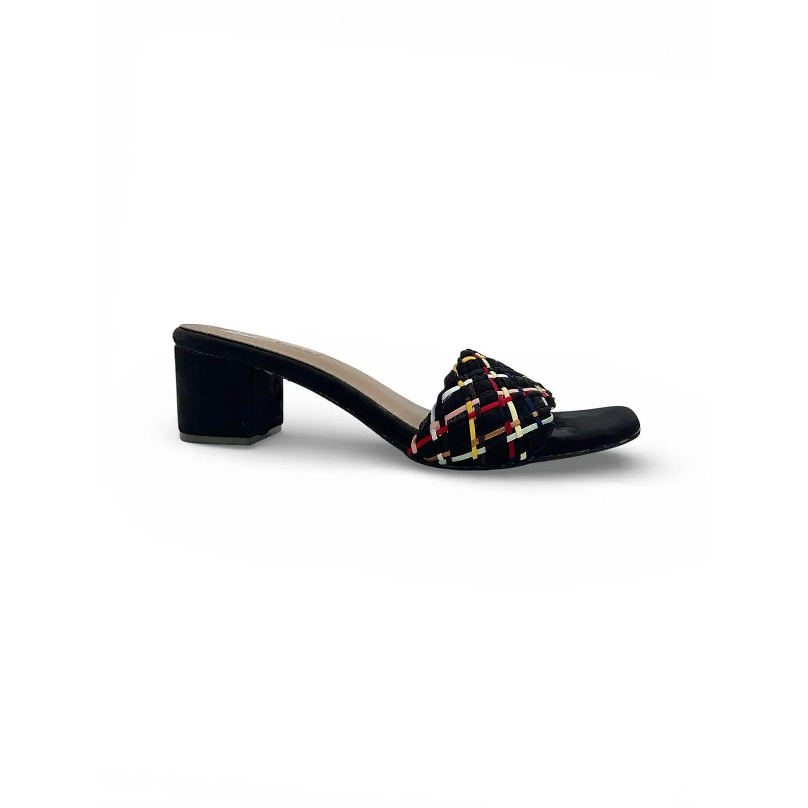Block Heel Mules for Women – Multicolor Woven Square Toe Heels