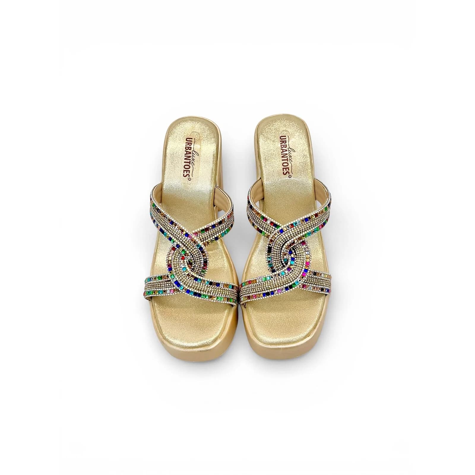 Gold Platform Block Heels for Women – Multicolor Stone Party Wear Sandals