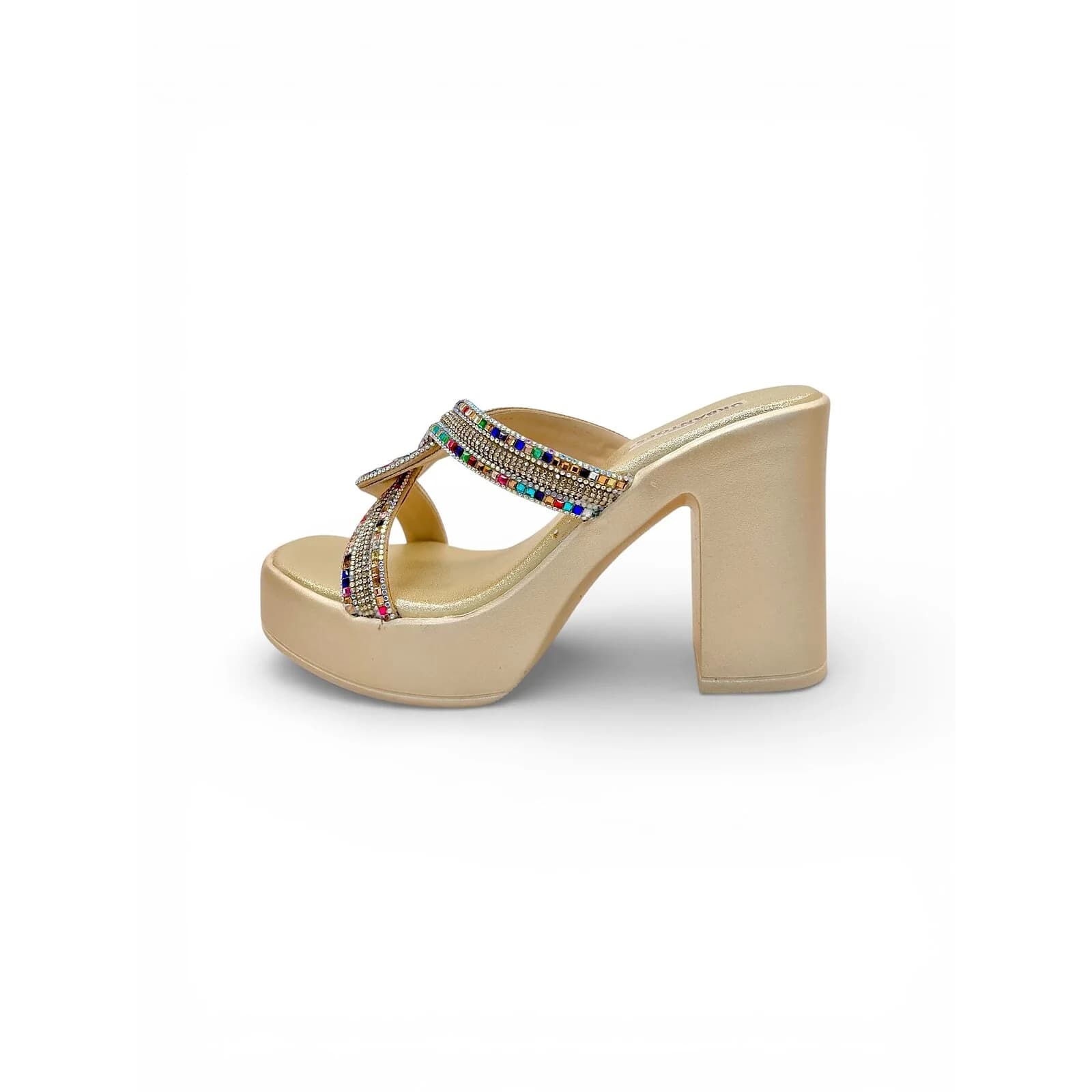 Gold Platform Block Heels for Women – Multicolor Stone Party Wear Sandals
