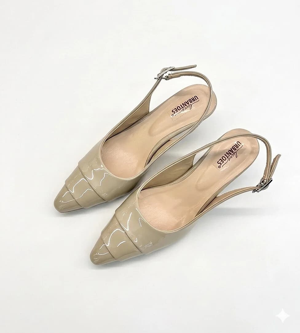 Beige Slingback Kitten Heels for Women – Patent Pointed Toe Pumps