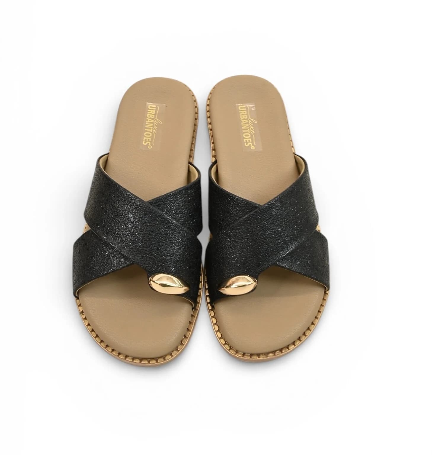 Black Cross Strap Flat Slide for Women – Vegan Leather Daily Wear