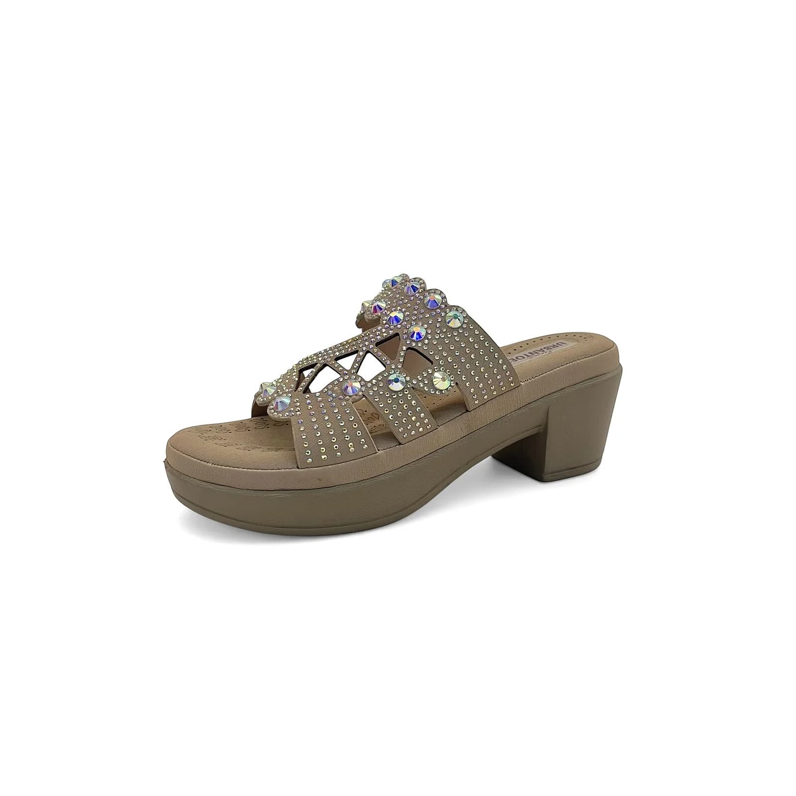 Light Gold Stone Work Block Heel Slide Sandals for Women
