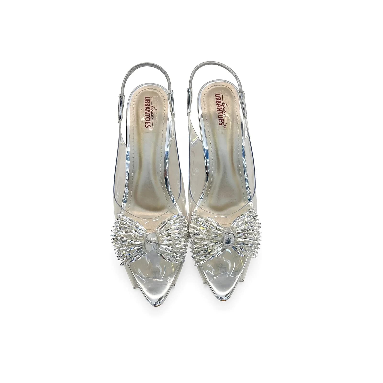 Transparent Silver Slingback Heels for Women – Crystal Bow Party Wear Sandals