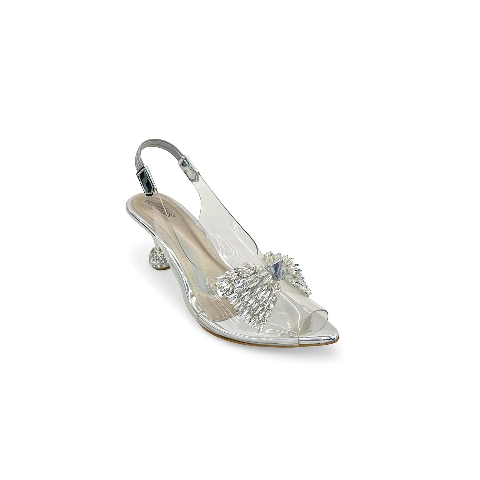 Transparent Silver Slingback Heels for Women – Crystal Bow Party Wear Sandals
