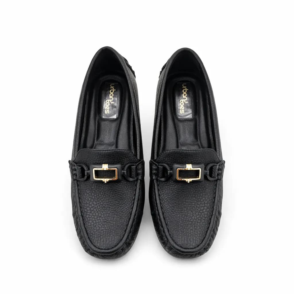 Classic Black Loafers for Women with Gold Buckle – Comfortable Everyday & Office Wear