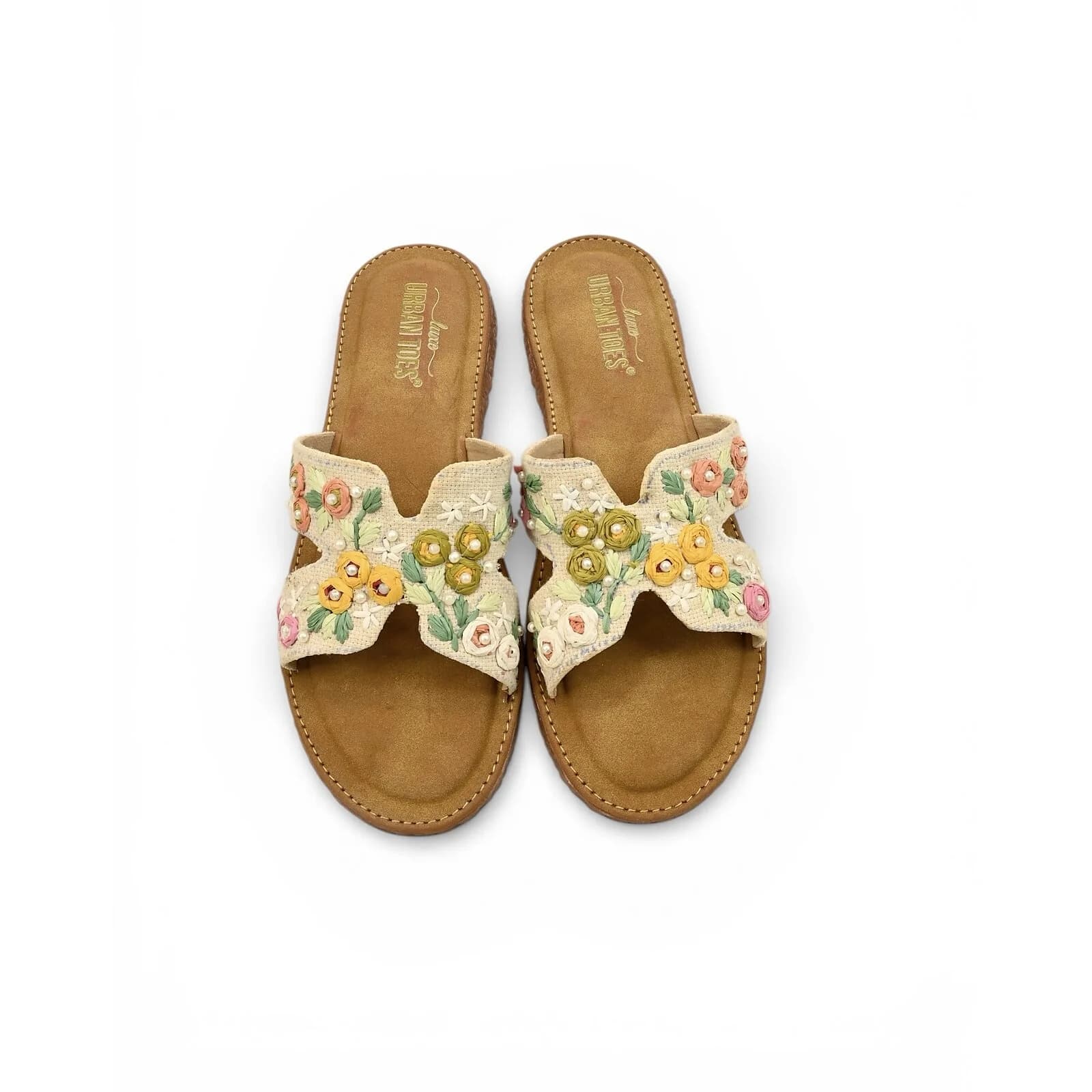 Beige embroidered flat sandals for women