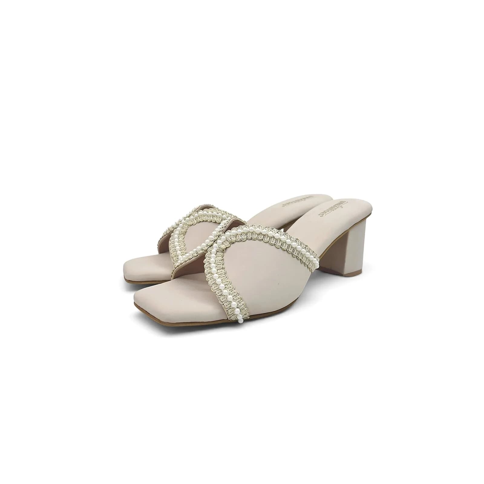Beige Pearl Embellished Block Heel Sandals for Women – Urbantoes