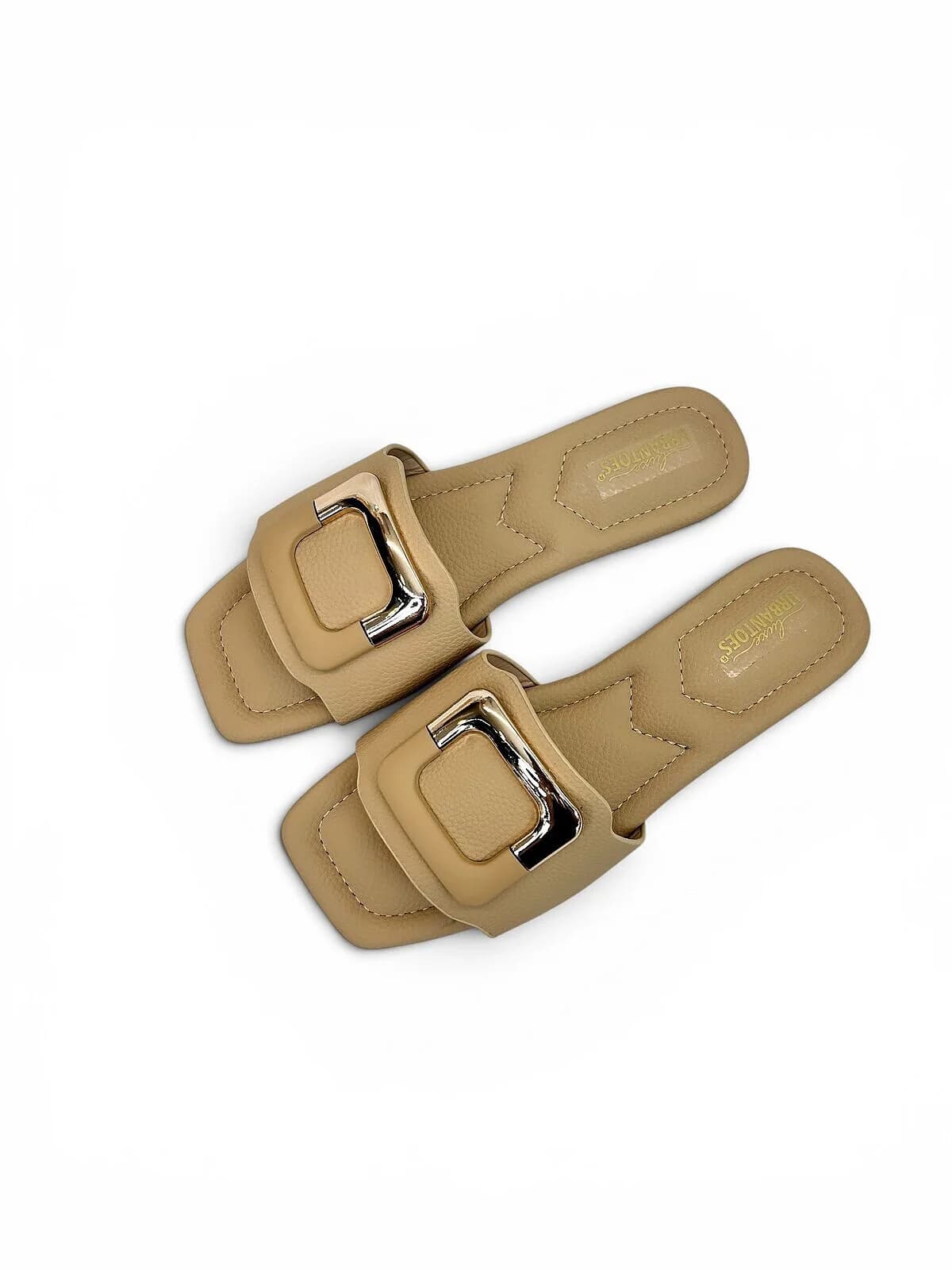 Beige Flat Sandals for Women with Gold Buckle | UrbanToes