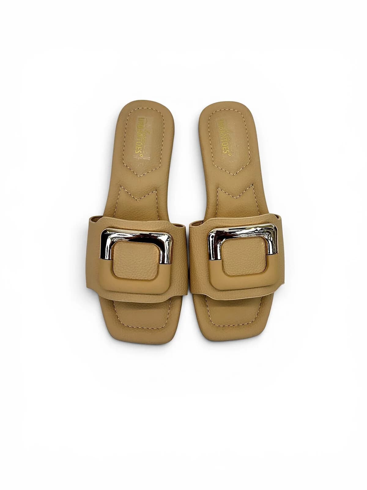 Beige Flat Sandals for Women with Gold Buckle | UrbanToes