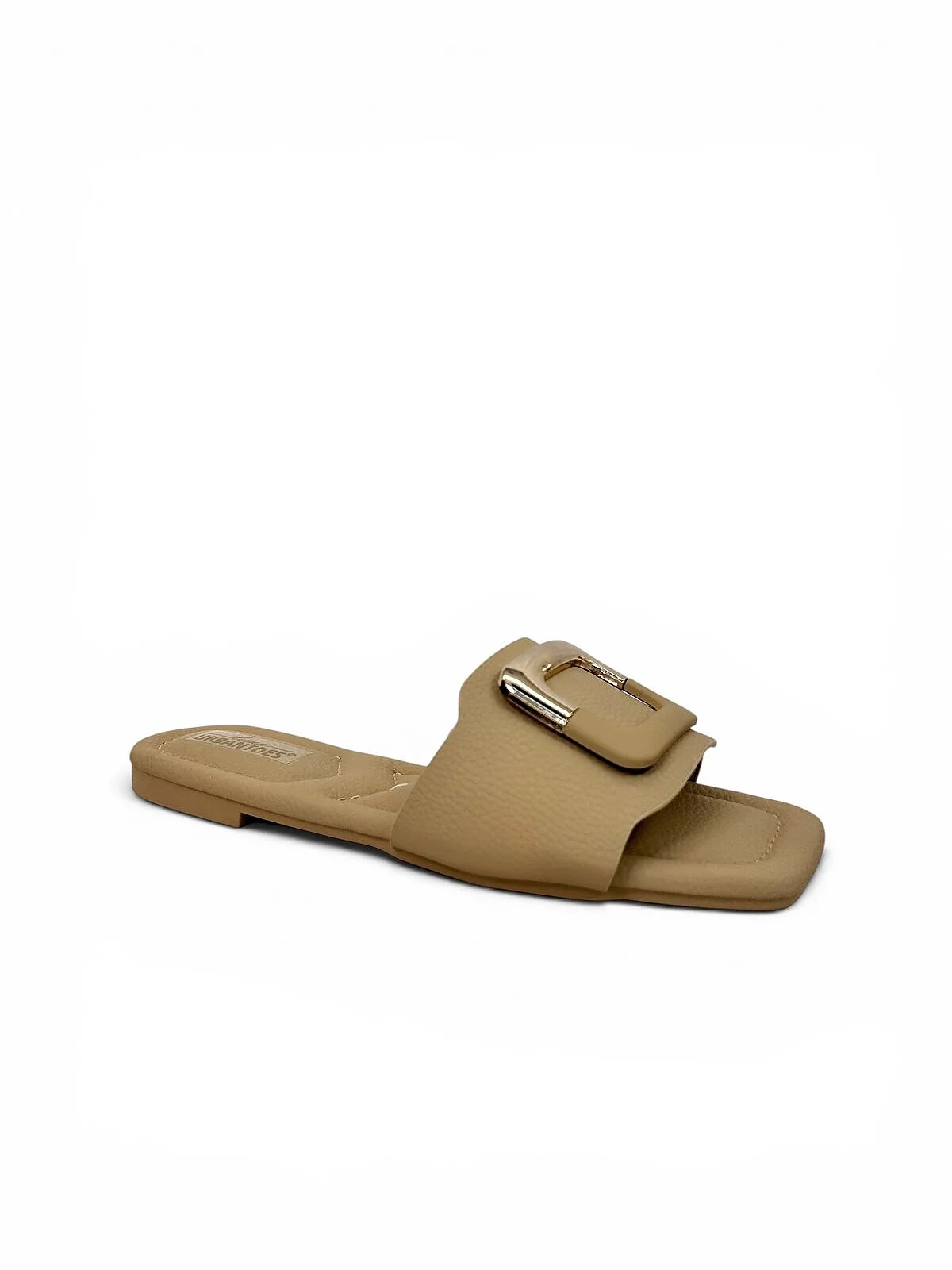 Beige Flat Sandals for Women with Gold Buckle | UrbanToes