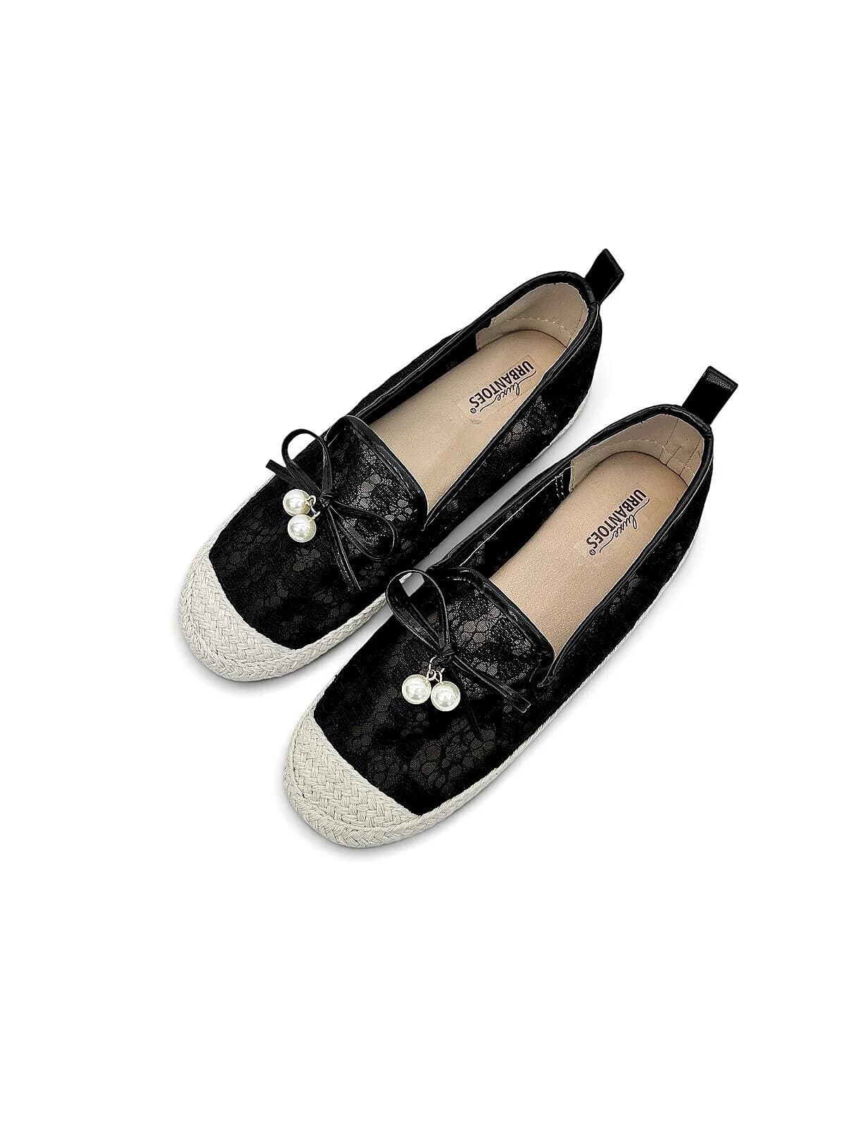Black Lace Espadrille Flats for Women-URBANTOES