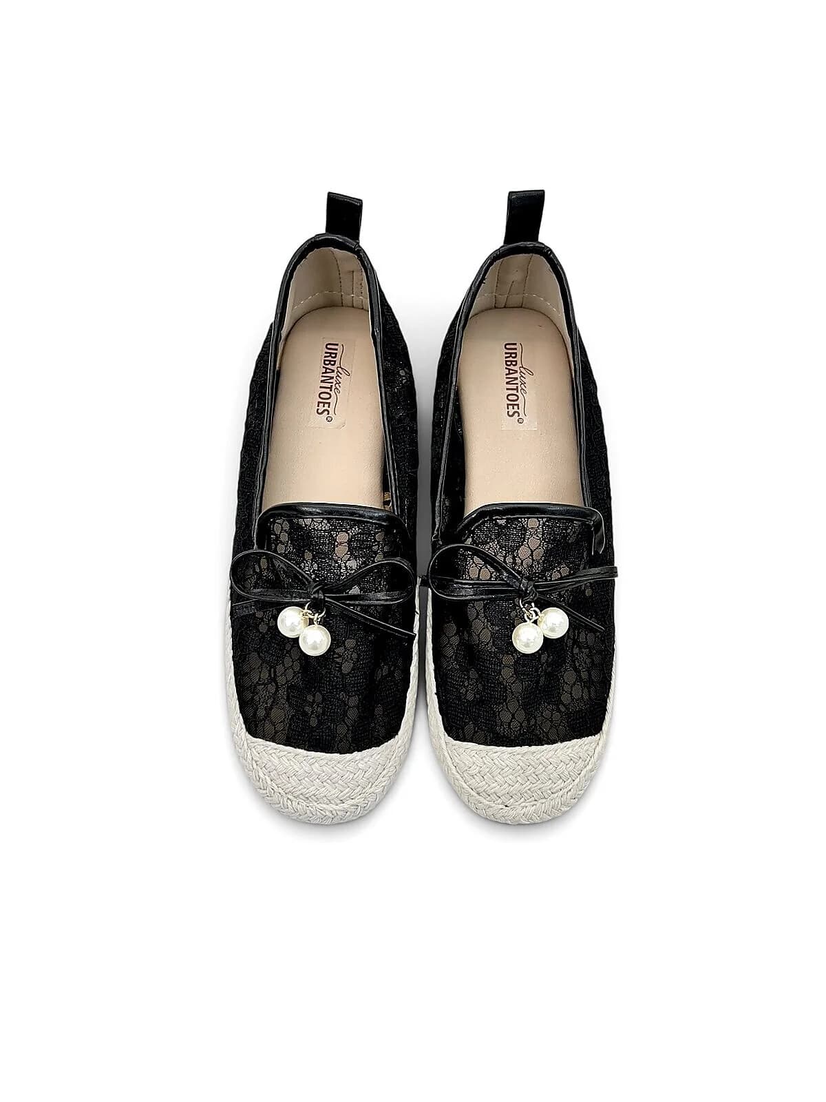 Black Lace Espadrille Flats for Women-URBANTOES