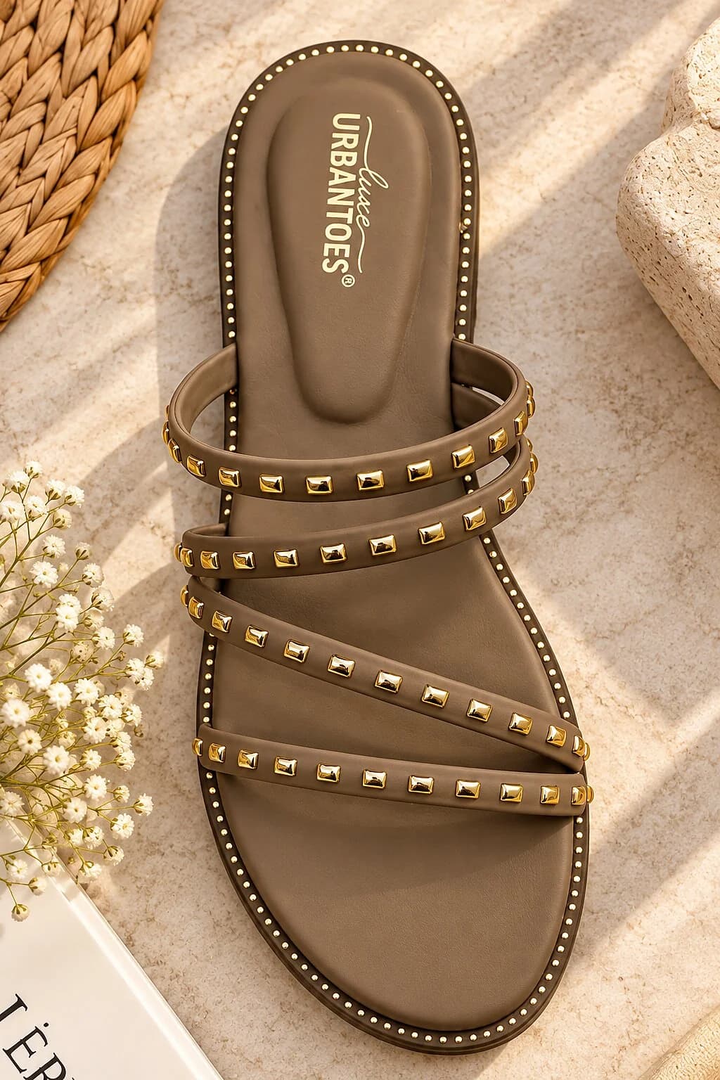 Brown Studded Flat Sandals for Women with Multi-Strap Design