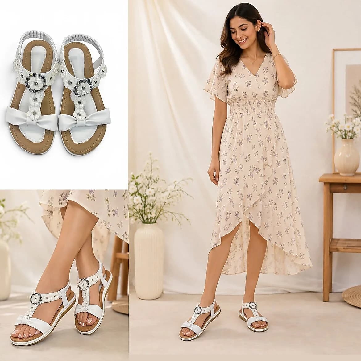 White Floral Embellished Flat Sandals for Women