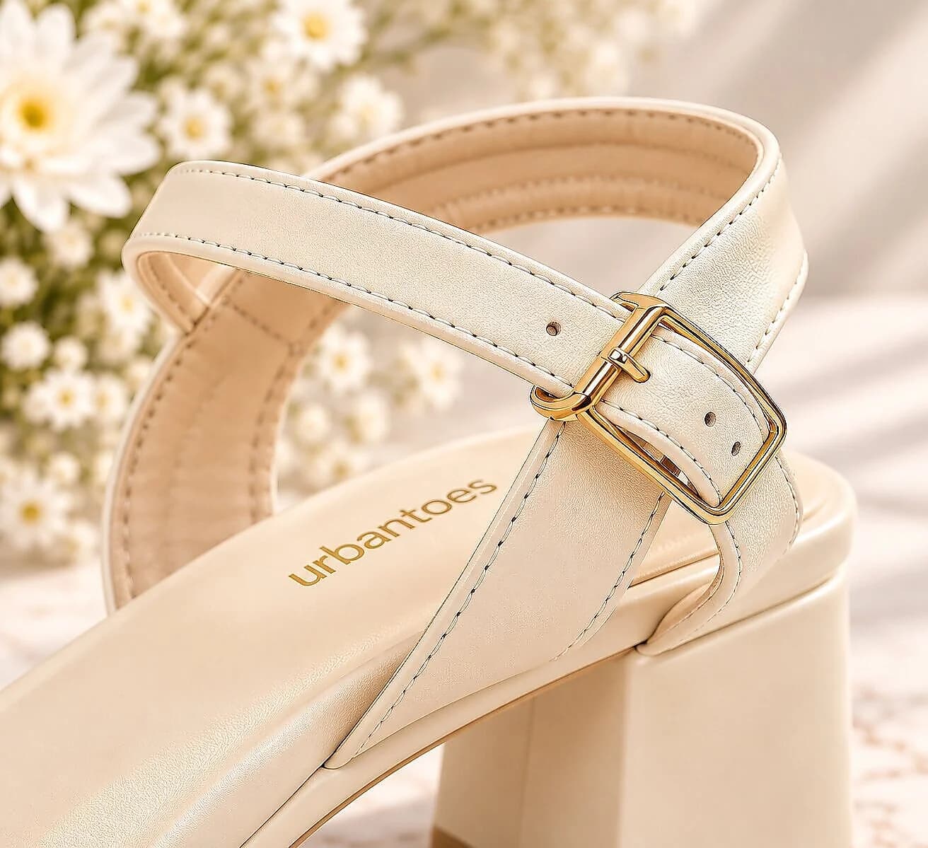 Cream Block Heel Sandals for Women with Ankle Strap & Buckle
