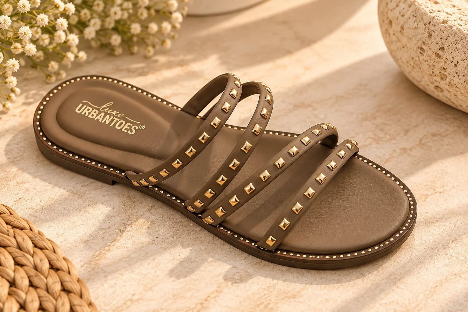 Brown Studded Flat Sandals for Women with Multi-Strap Design