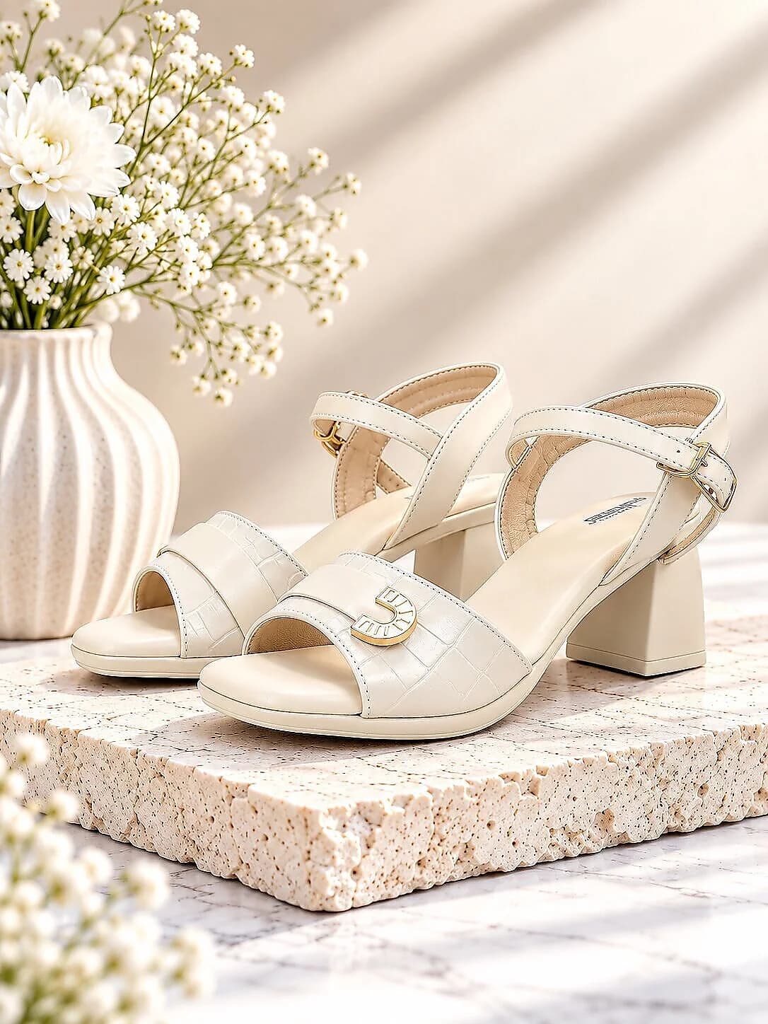 Cream Block Heel Sandals for Women with Ankle Strap & Buckle