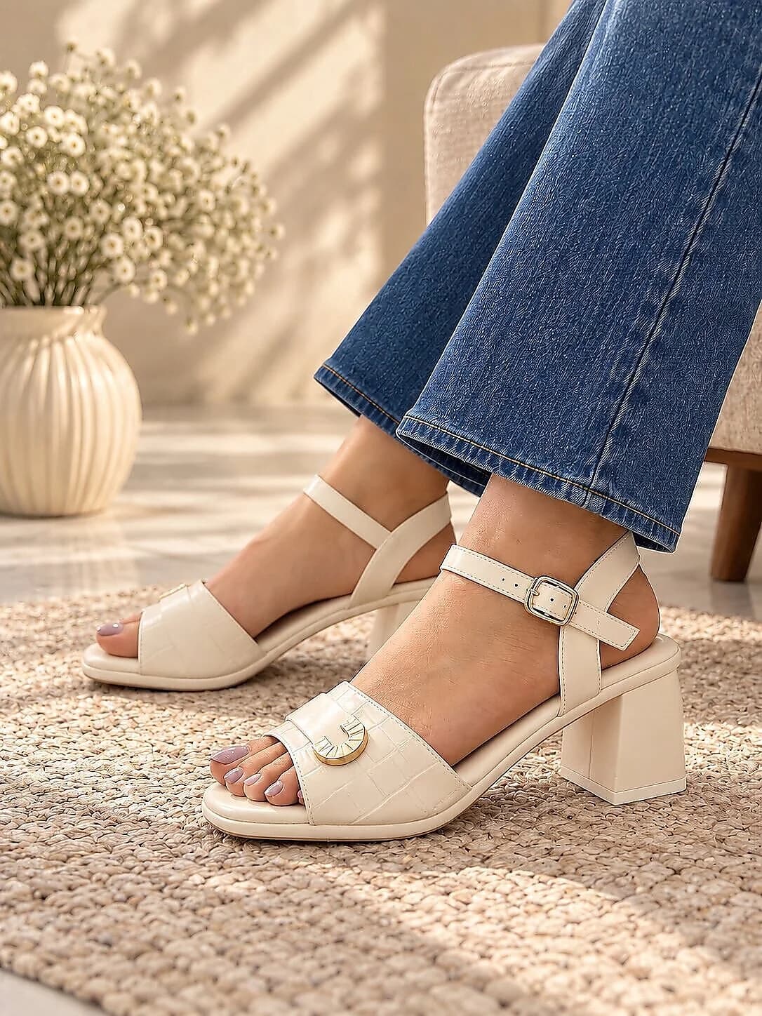 Cream Block Heel Sandals for Women with Ankle Strap & Buckle
