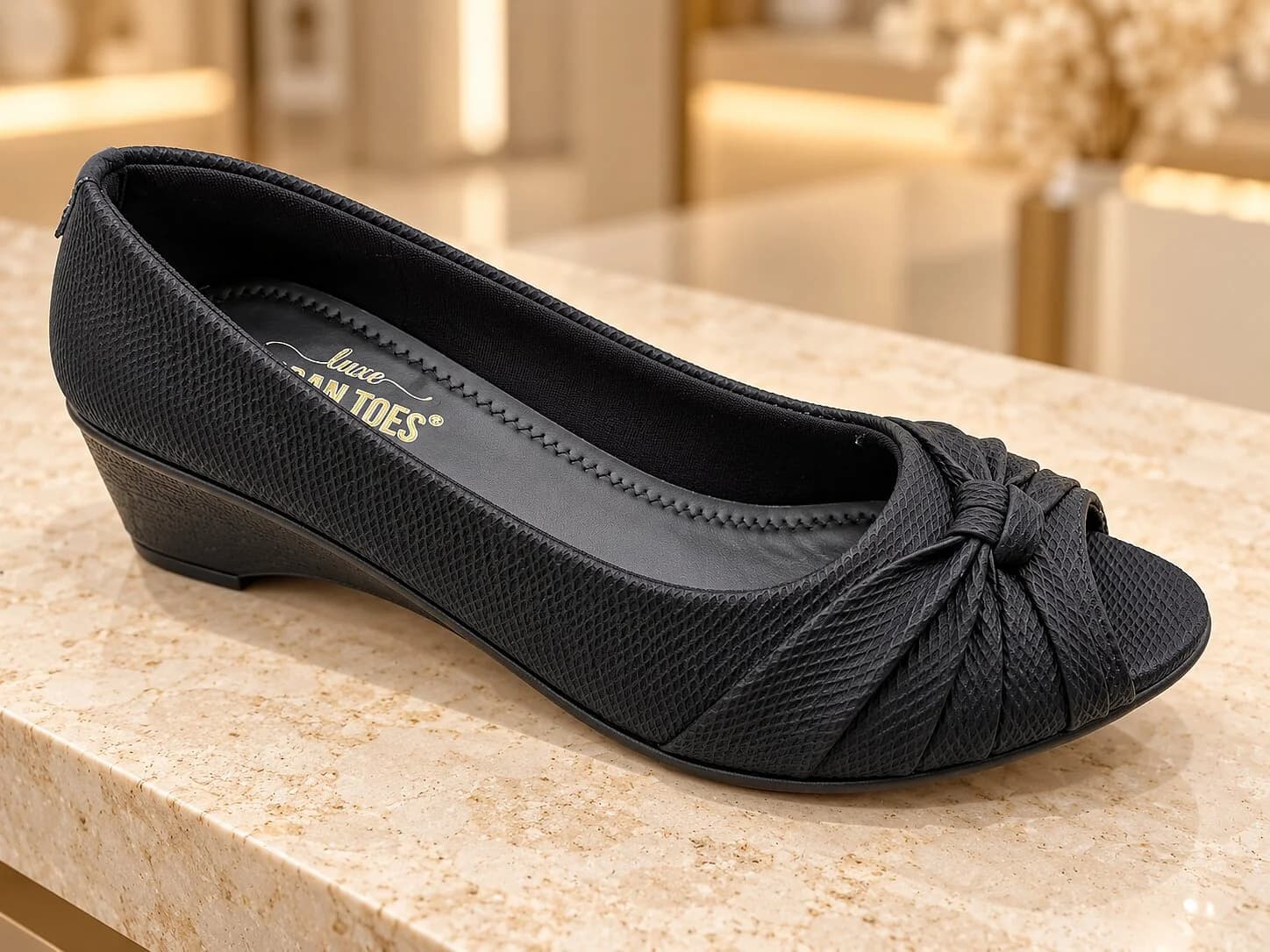Women Black Peep-Toe Wedge Heels with Bow Detail