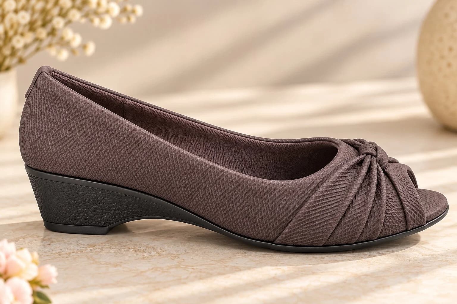 Women Brown Peep-Toe Wedge Heels with Bow Detail