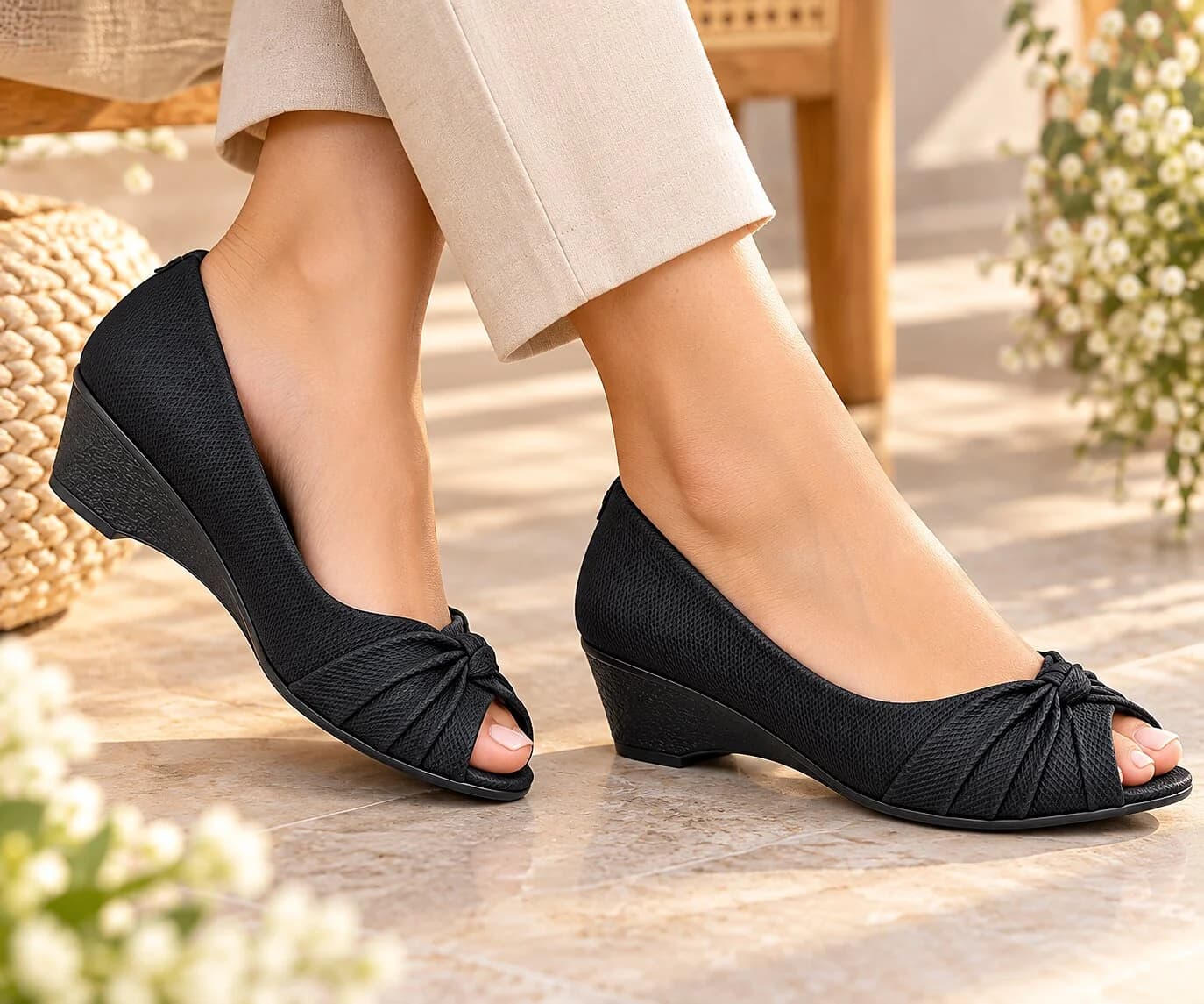 Women Black Peep-Toe Wedge Heels with Bow Detail