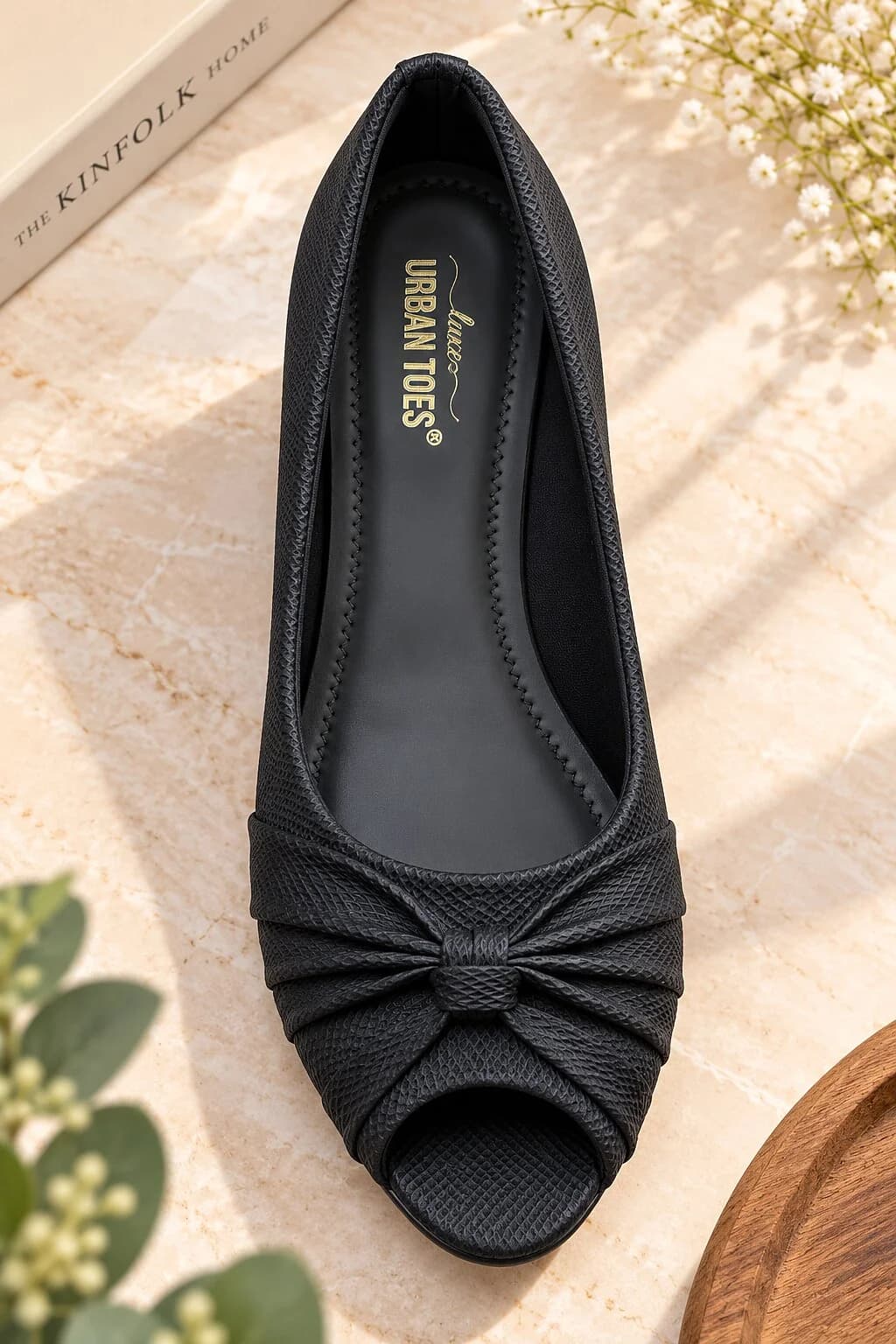 Women Black Peep-Toe Wedge Heels with Bow Detail