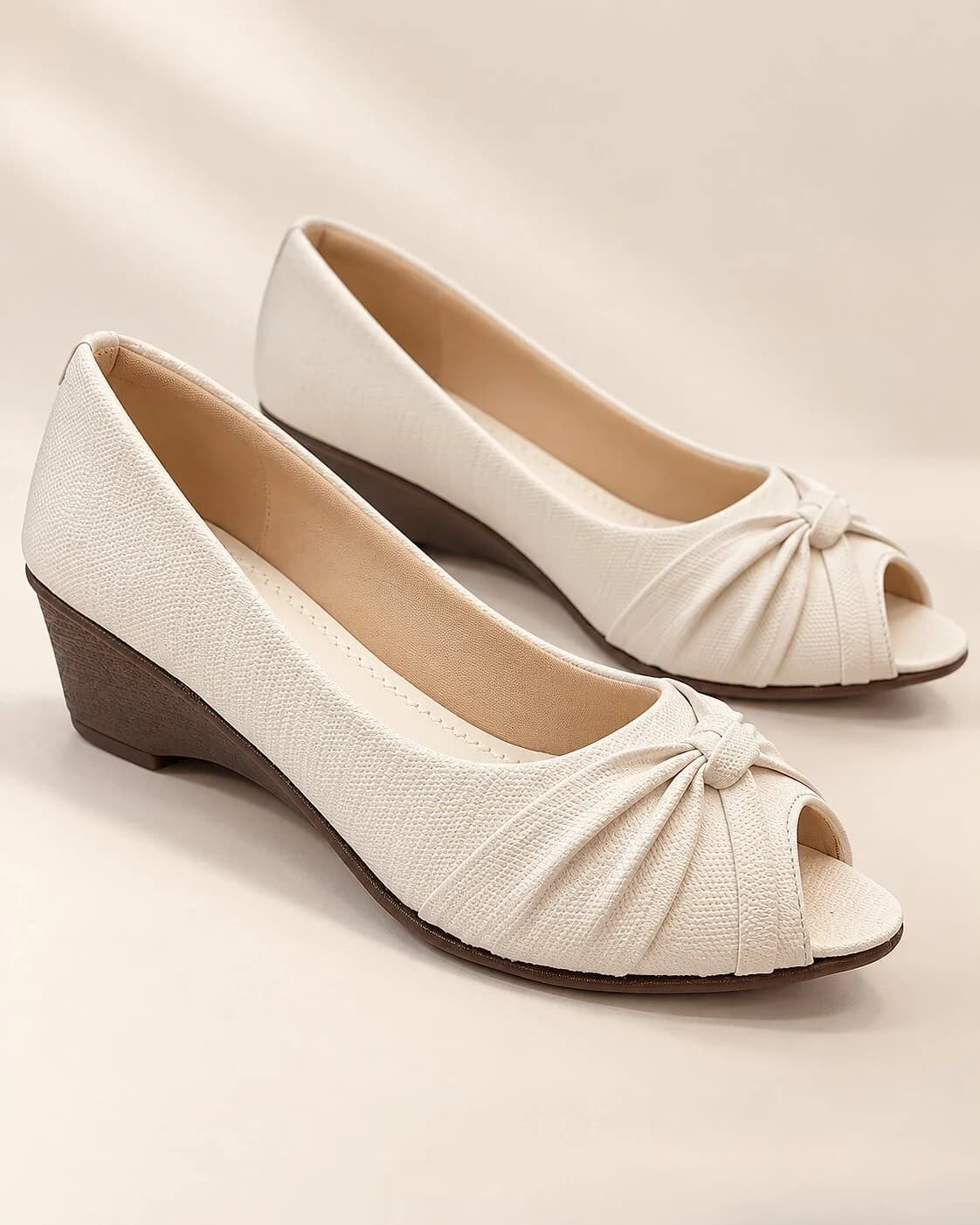 Women White Peep-Toe Wedge Heels with Bow Detail