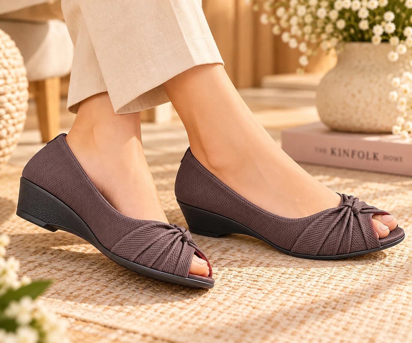 Women Brown Peep-Toe Wedge Heels with Bow Detail