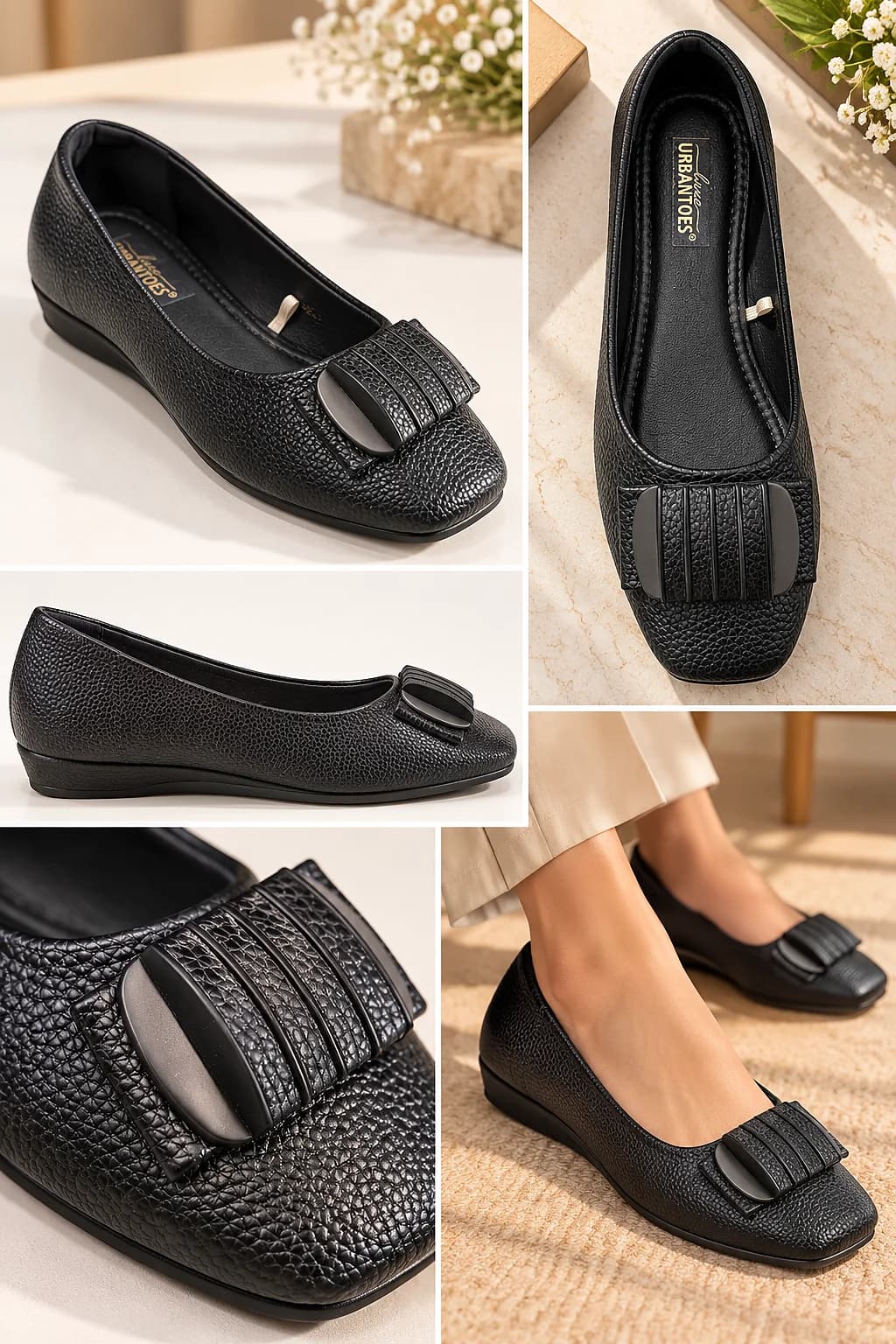 Women’s Black Wedge Ballet Flats with Textured Finish