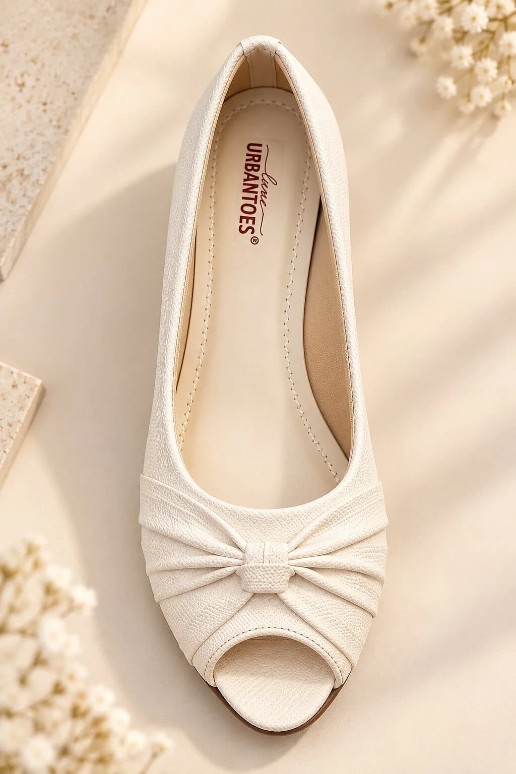 Women White Peep-Toe Wedge Heels with Bow Detail