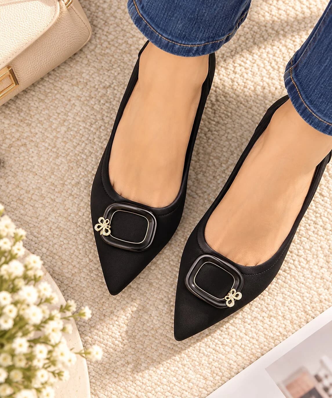 Women Black Pointed-Toe Kitten Heels with Gold Buckle Detail