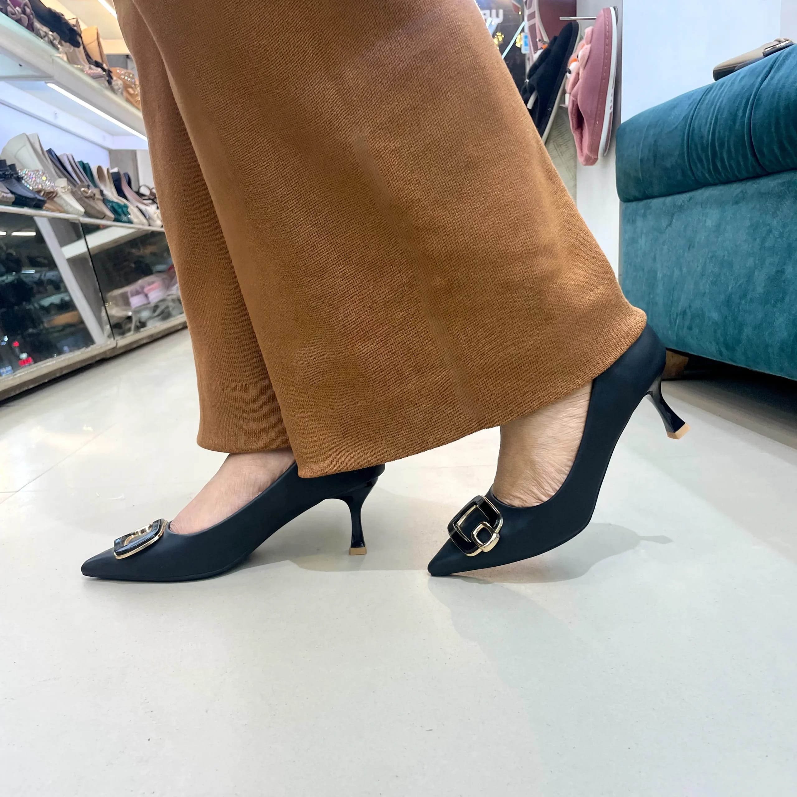 Urbantoes Elegant Black Pointed-Toe Kitten Heels with Gold Buckle Detail - UrbanToes